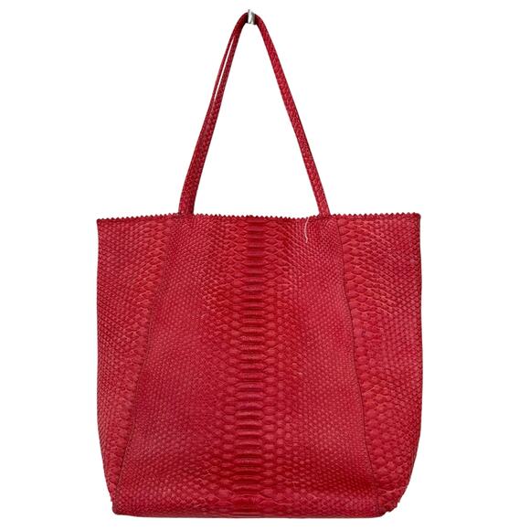 Carlos Falchi Python Leather Tote Bag Exotic Embossed Shoulder Bag coral Orange - Picture 2 of 14